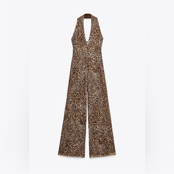 Zara Pants - Animal print tulle halter jumpsuit